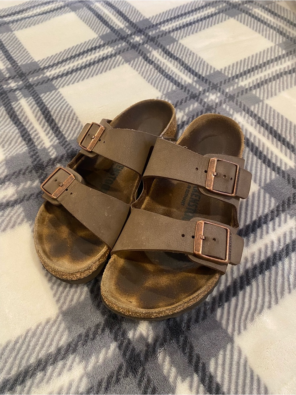 Birkenstock Brown Two-Strap Cork Footbed Sandals with Copper Buckles
